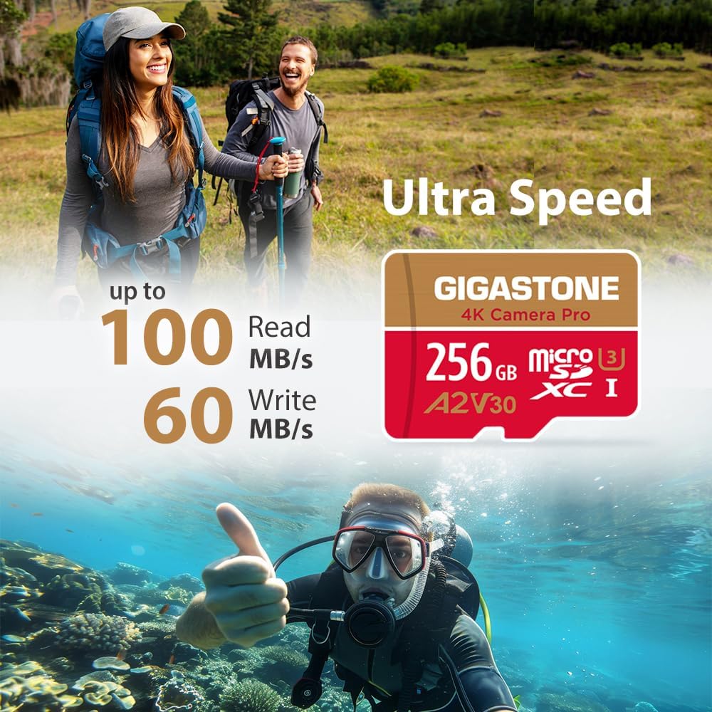 [5 Ans Récupération de données Gratuite] GIGASTONE Carte Mémoire 256 Go, 4K Camera Pro, Vitesse jusqu'à 100 Mo/s, pour GoPro, DJI, Drone, 4K Video A2 V30 U3 MicroSDXC avec Adaptateur Appareil photo Pro 256 Go