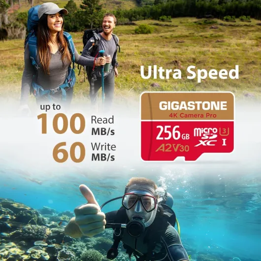 [5 Ans Récupération de données Gratuite] GIGASTONE Carte Mémoire 256 Go, 4K Camera Pro, Vitesse jusqu'à 100 Mo/s, pour GoPro, DJI, Drone, 4K Video A2 V30 U3 MicroSDXC avec Adaptateur Appareil photo Pro 256 Go