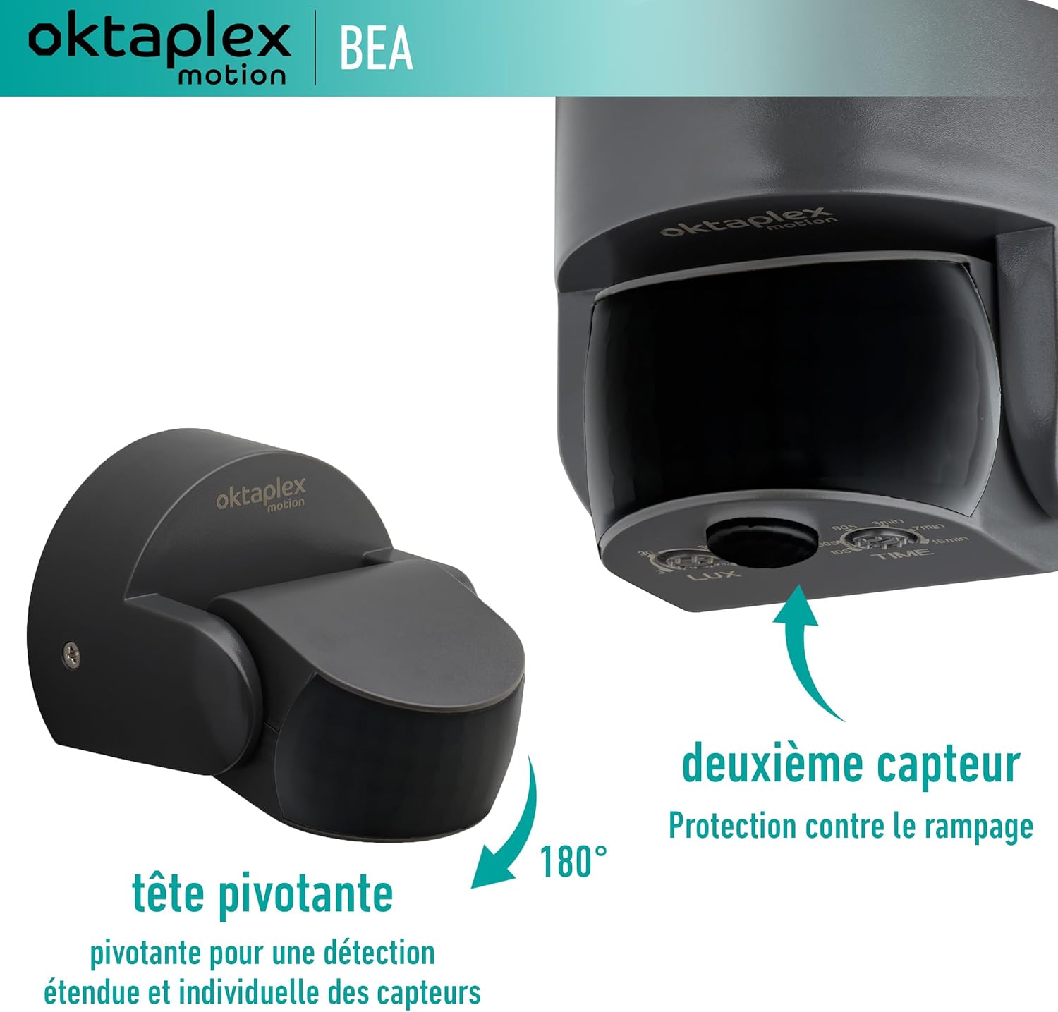 Oktaplex Bea détecteur de Mouvement extérieur IP65 orientable à 180° capteur Infrarouge portée de 10m 230V Anthracite avec capteur de crépuscule
