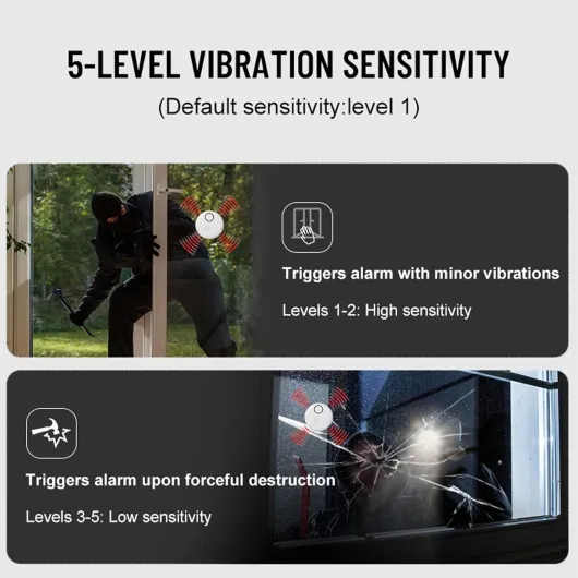 Système D'Alarme pour Fenêtre, Détecteur de Bris de Glace par Vibration, Sirène de 130 DB avec Volume Réglable sur 5 Niveaux, Alarme Antivol pour Maison, Dortoir, Camping