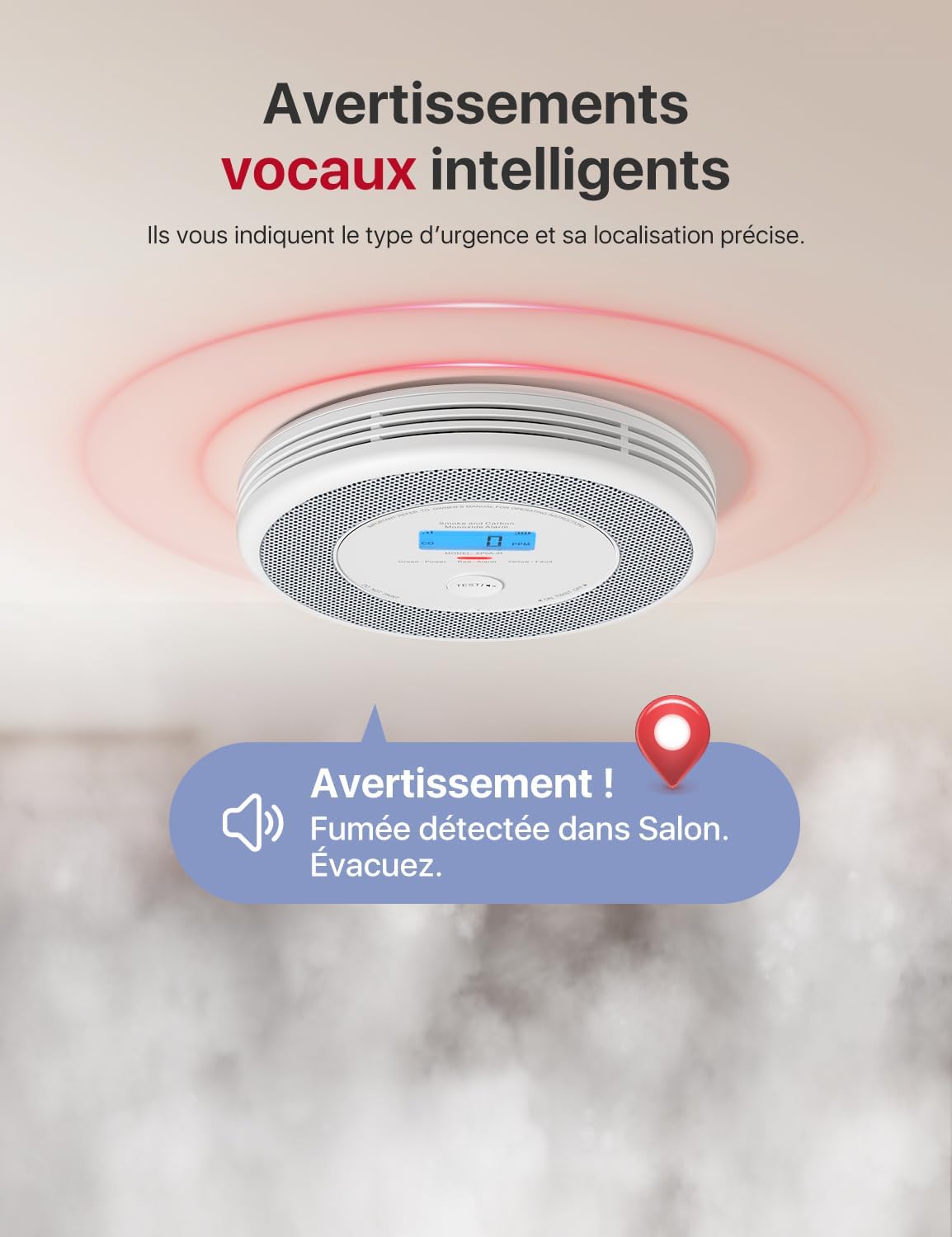 X-Sense Détecteur de Fumée et de Monoxyde de Carbone Connecté avec Fonction d’Alerte Vocale en Français, Détecteur de Fumée Wi-FI Compatible avec X-Sense Home Security App, XP0A-iR, Lot de 1 Wi-Fi Connecté Direct Lot de 1