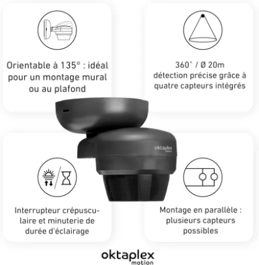 Oktaplex Mia Détecteur de Mouvement extérieur pivotant à 360 degrés IP65 Capteur de Mouvement Apparent portée 10m 230V Anthracite Anthracite 1