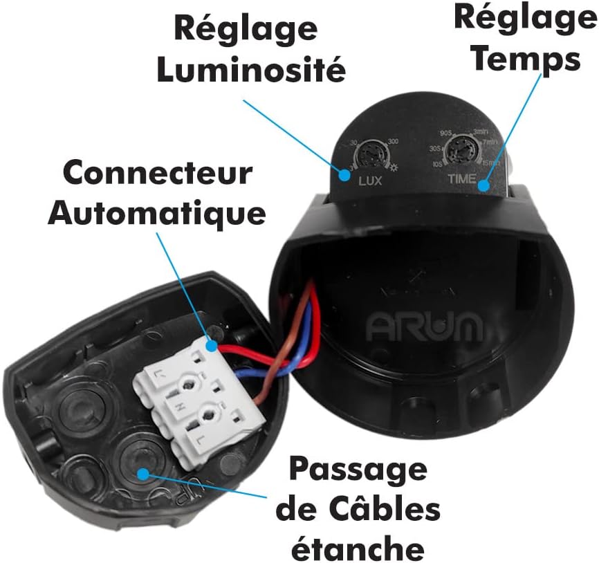 ® - Détecteur de Mouvement Infrarouge Extérieur IP65 - Capteur de Présence Mural Noir - Angle 180° - Portée 12m - Temporisation et Luminosité Réglables - Étanche - Idéal Jardin et Garage Mural - Ip65 - Noir