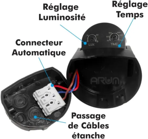 ® - Détecteur de Mouvement Infrarouge Extérieur IP65 - Capteur de Présence Mural Noir - Angle 180° - Portée 12m - Temporisation et Luminosité Réglables - Étanche - Idéal Jardin et Garage Mural - Ip65 - Noir