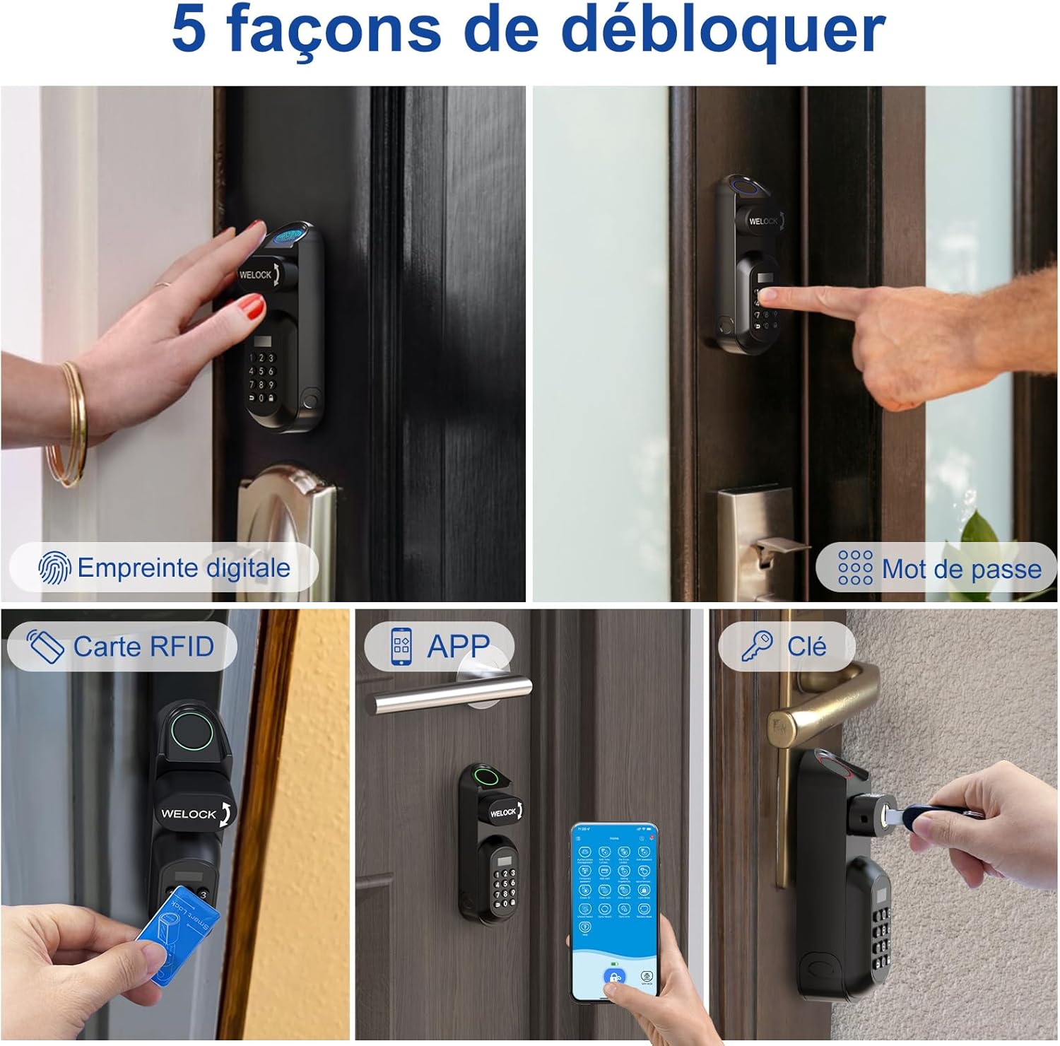 Serrure connectée porte entree U81- IP65 Serrure code empreinte digitale avec 3 cartes RFID 2 Clés, Cylindre electronique facile à installer, Poignée biometrique, Pour portes 50-95mm
