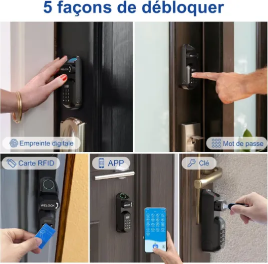 Serrure connectée porte entree U81- IP65 Serrure code empreinte digitale avec 3 cartes RFID 2 Clés, Cylindre electronique facile à installer, Poignée biometrique, Pour portes 50-95mm