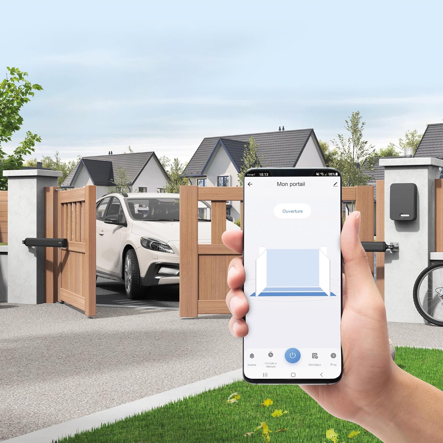 Motorisation à vérins pour portail battants-Teha connect-avec feux clignotant-deux telecommandes et photocellules-portail ajouré ou semi ajouré jusqu'a 3.5m et 300kg, Compatible Wifi, Noir