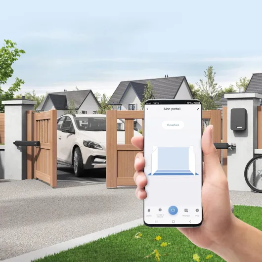 Motorisation à vérins pour portail battants-Teha connect-avec feux clignotant-deux telecommandes et photocellules-portail ajouré ou semi ajouré jusqu'a 3.5m et 300kg, Compatible Wifi, Noir