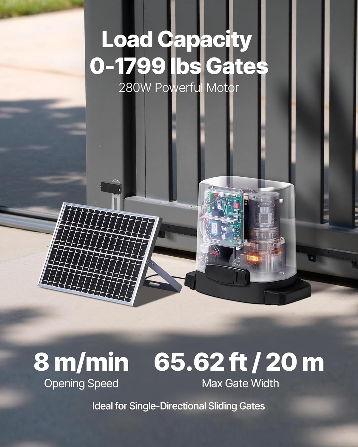 Motorisation de Portail Coulissant, 280 W, Ouvre-Portail Solaire Électrique pour Portes 20 m et Charge 816 kg, Moteur de Porte Coulissante à Crémaillère, Système d'Ouverture de Portails d'Allée