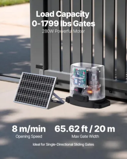 Motorisation de Portail Coulissant, 280 W, Ouvre-Portail Solaire Électrique pour Portes 20 m et Charge 816 kg, Moteur de Porte Coulissante à Crémaillère, Système d'Ouverture de Portails d'Allée