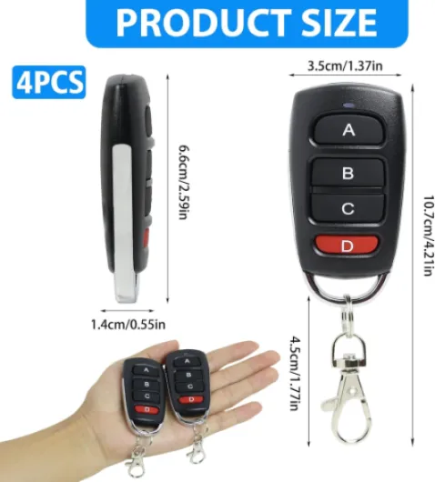 4 pièces Telecommande Universelle Portail 433 Mhz, Duplicateur Porte de Garage Telecommande à 4 Boutons, Portée 10m, Compatible avec Multiples Dispositifs