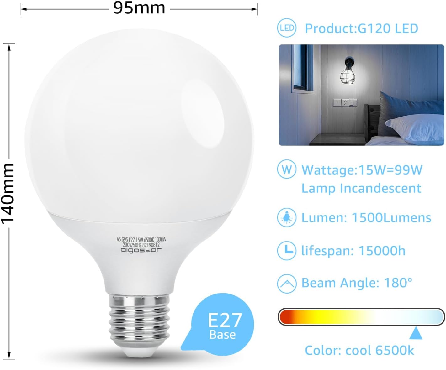 Ampoule LED G95 E27 15W (équivalant à Ampoule Halogène de 99W), Lumière Blanche Froide 6500K, 1500 Lumens, CRI ＞80, LED Globe, Not Dimmable - Lot de 3 15w G95 Lumière Froide