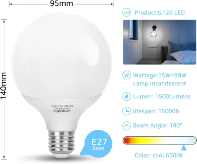 Ampoule LED G95 E27 15W (équivalant à Ampoule Halogène de 99W), Lumière Blanche Froide 6500K, 1500 Lumens, CRI ＞80, LED Globe, Not Dimmable - Lot de 3 15w G95 Lumière Froide