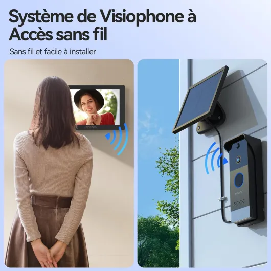 Visiophone sans Fil avec Panneau Solaire,Kit Interphone Vidéo WiFi 1080P, Ecran Tactile Couleur 7’’, Sonnette Vidéo Extérieur,Audio Bidirectionnel,WiFi 2,4/5 GHz,PIR Détection de Humain
