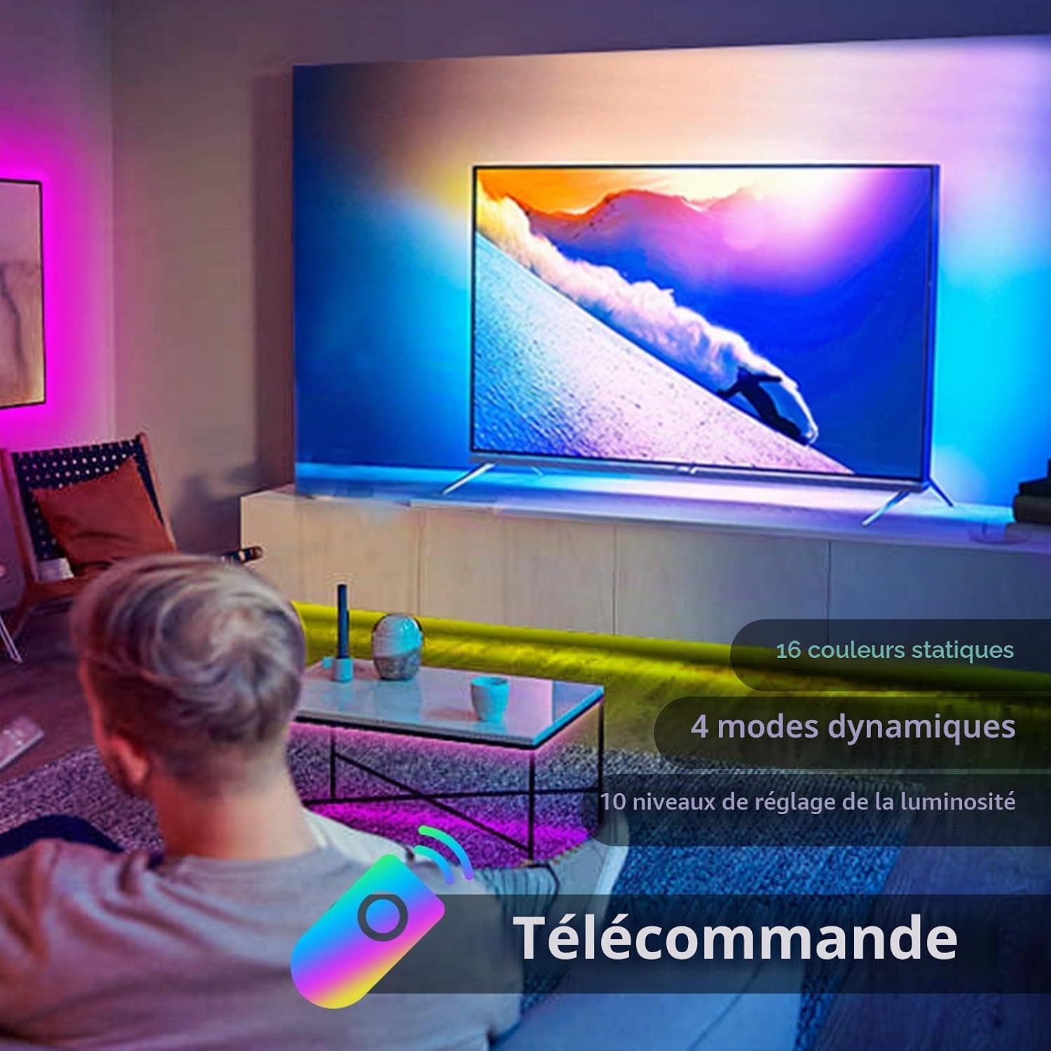 Ruban LED 5M, LED Chambre, USB Bande LED RGB Multicolore Musical avec Télécommande, 16 Couleurs et 4 Modes Décor pour Chambre Maison Télévision