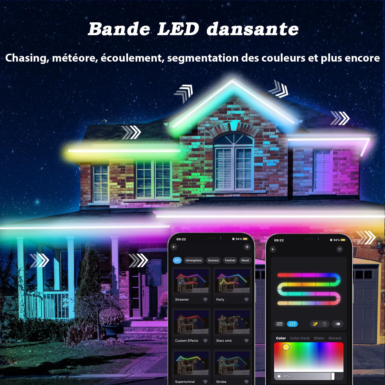 Lichaser RGB+IC Ruban LED Exterieur Etanche DIY IP67, Suivi, Segmentation de Bandes LED avec Application BT et Télécommande RF pour une Utilisation en Extérieur (10m)