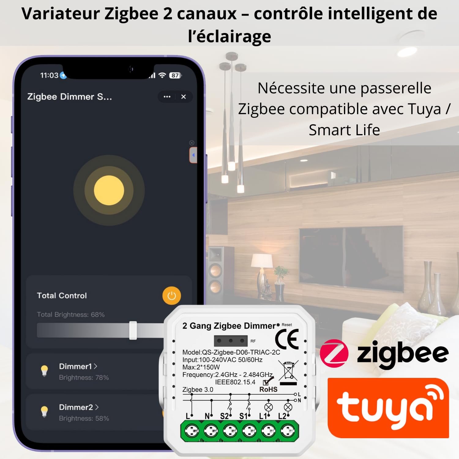 Sone Smart One Variateur Zigbee 2 Canaux 2x150W – Micromodule Dimmer Zigbee 39x39x18mm – Compatible Tuya Smart Life, Alexa, Google Home, Home Assistant (Zigbee2MQTT) – LED TRIAC