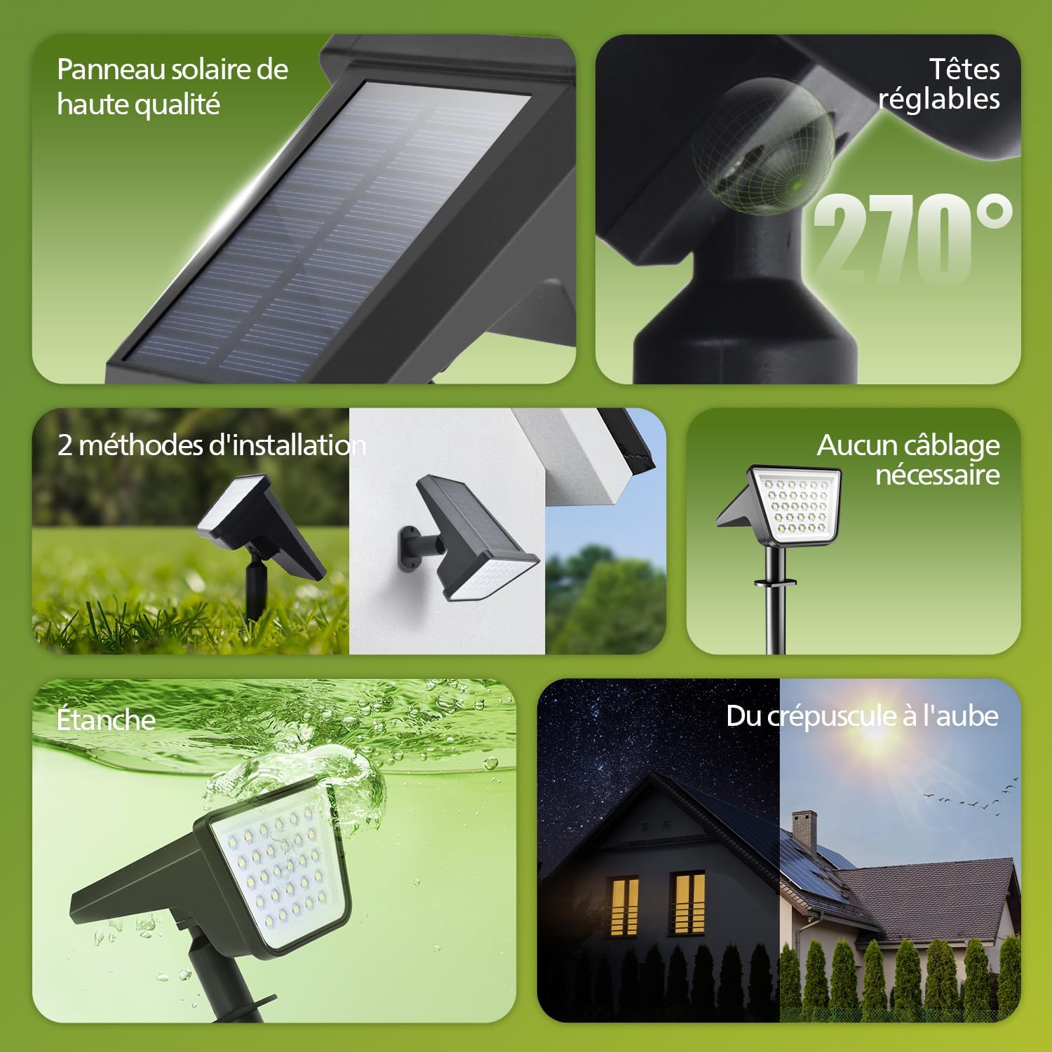 Lot de 2 Projecteurs Spots Lampes Solaires d'Extérieur Étanches, 28 LED 7500K, Éclairage Paysager pour Jardin, Allée et Pelouse, Fonction Crépuscule à l'Aube 7500k 2