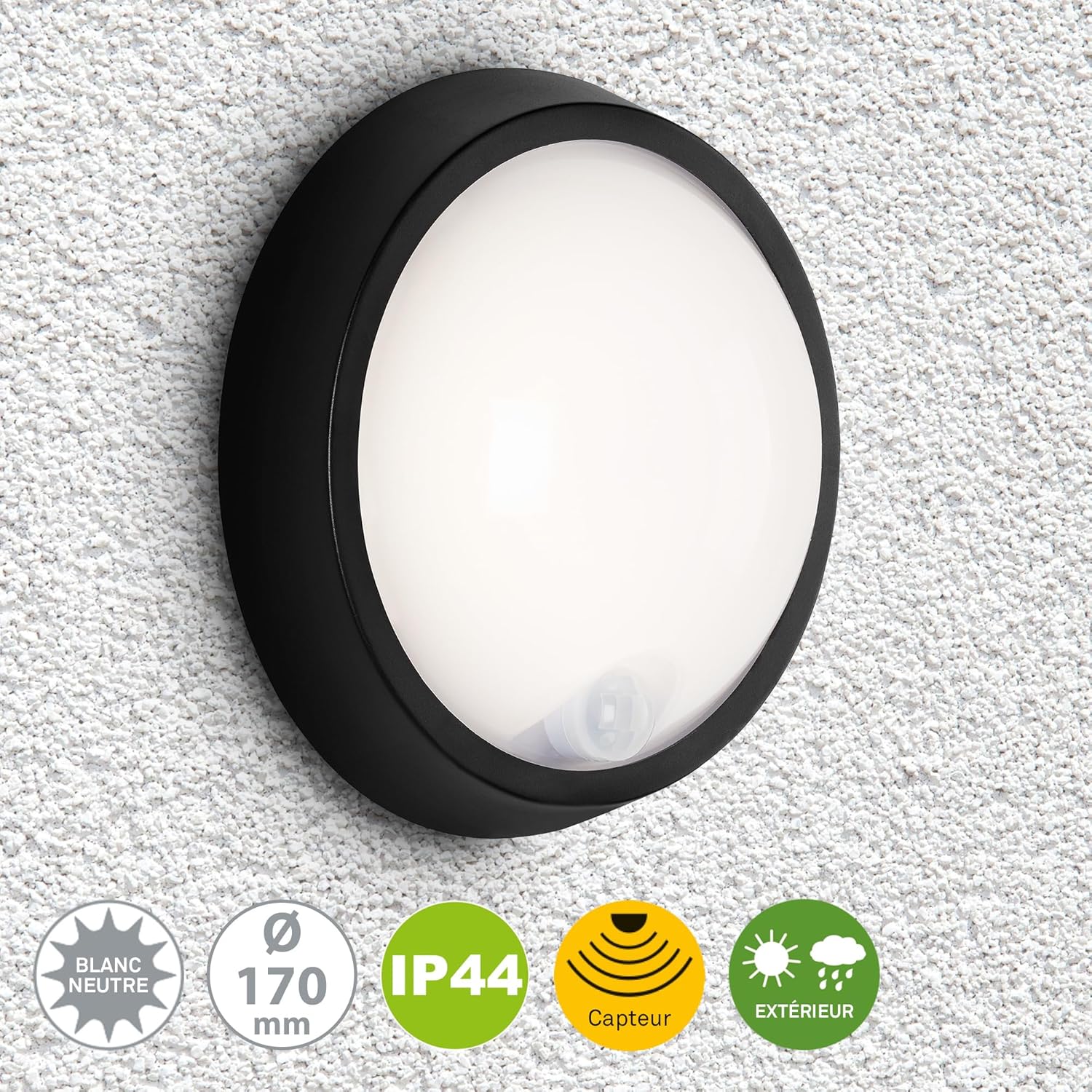Lampe d'extérieur à LED, applique murale d'extérieur avec détecteur de mouvement et capteur crépusculaire, 12 Watt, 1.150 Flux de lumieres, 4.000 Kelvin, Blanc/Noir, Rond, Ø 17cm Noir 170 mm x 70 mm