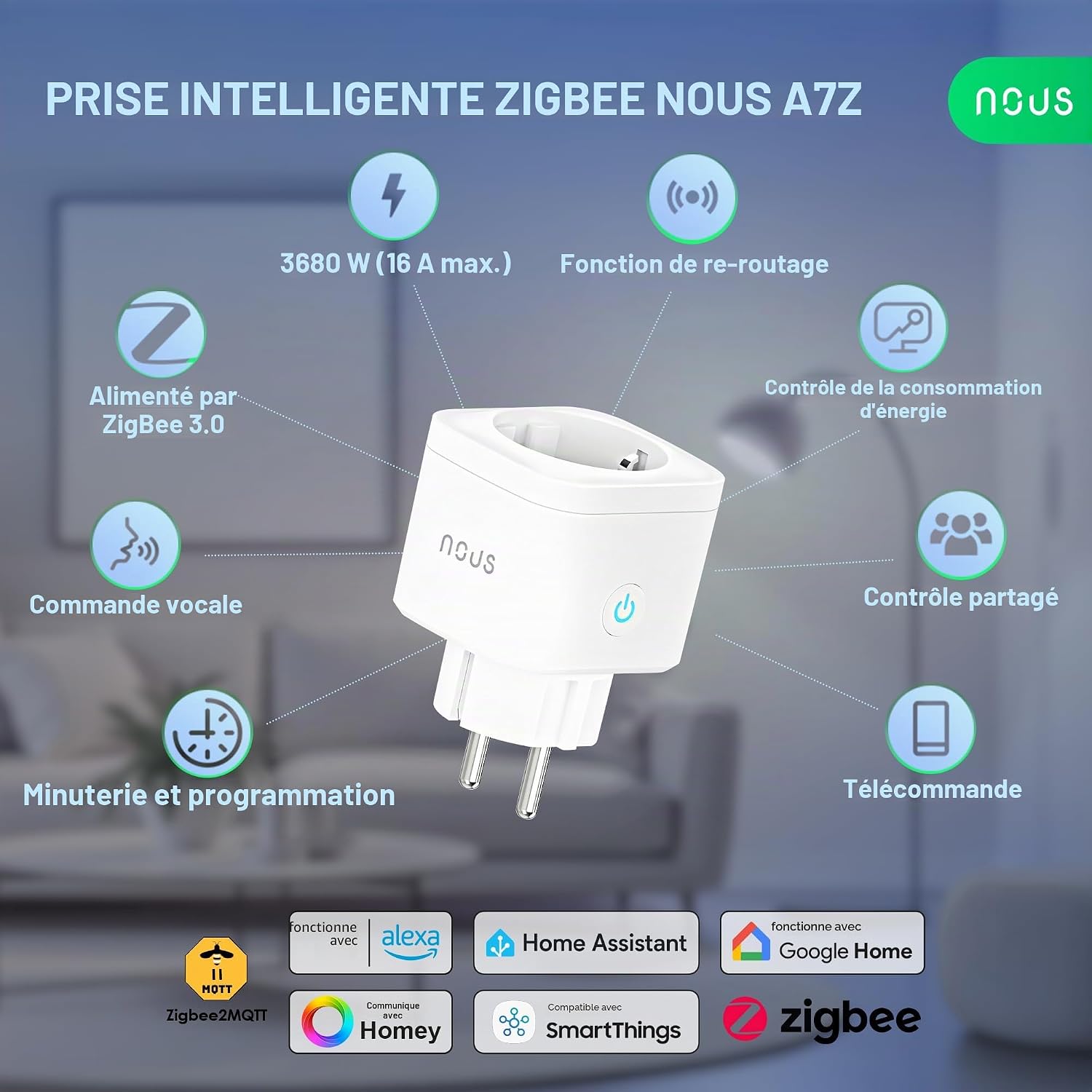 A7Z Prise Connectée ZigBee avec Suivi Énergie, 16A, Contrôle Vocal & via App, Programmation & Minuterie, Compatible Alexa, Google Home, Home Assistant, Tuya, Hub ZigBee Requis, 3 Pack ZigBee Pack of 3