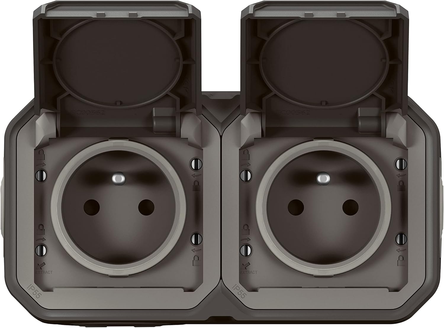 Prise Etanche Double IP55 avec Terre Plexo - Prise 2P+T 16A Complète avec Volet - Pour Pose en Apparent - Montage Horizontal - Anthracite Horizontal Anthracite