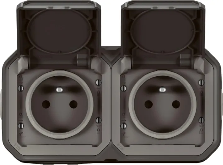 Prise Etanche Double IP55 avec Terre Plexo - Prise 2P+T 16A Complète avec Volet - Pour Pose en Apparent - Montage Horizontal - Anthracite Horizontal Anthracite