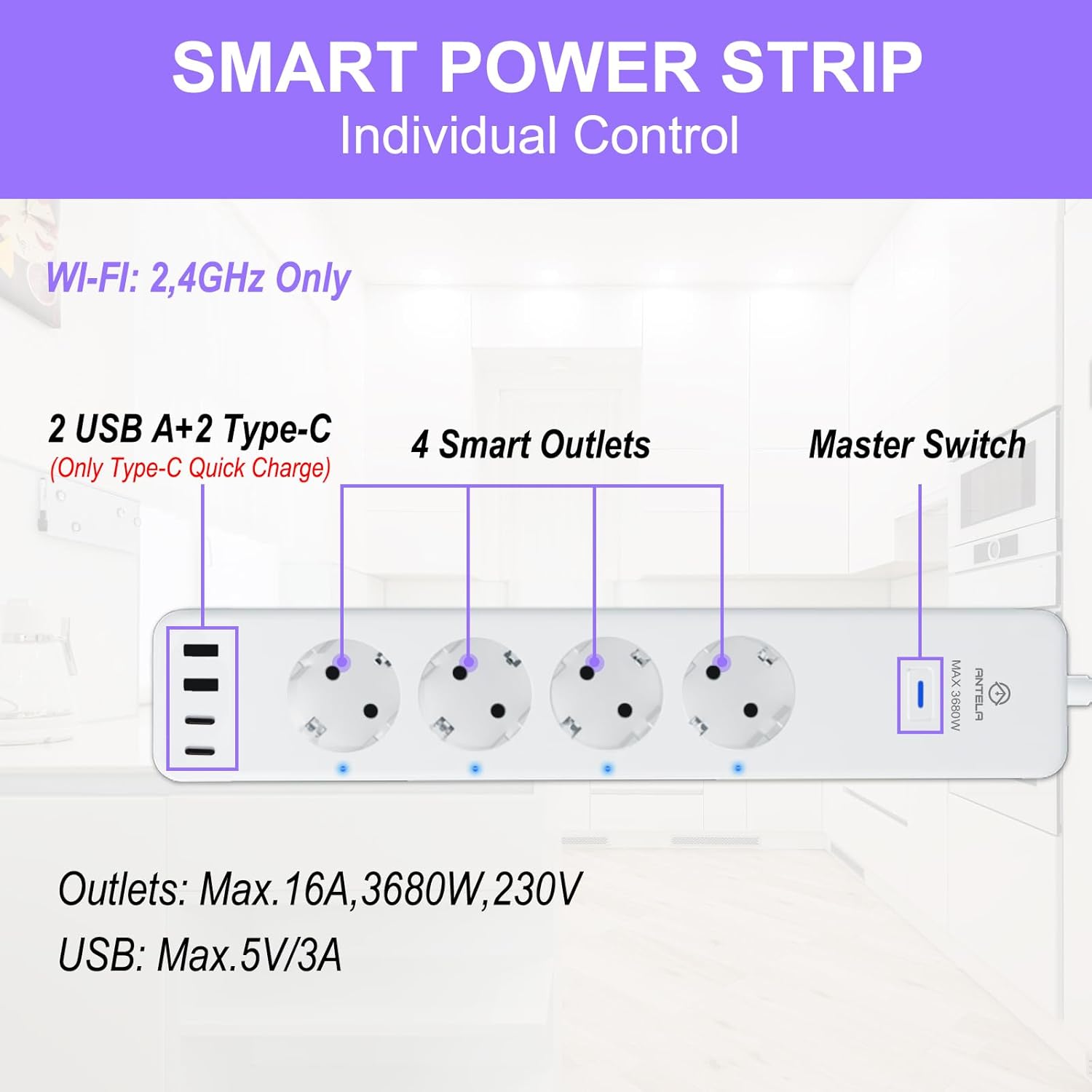 Multiprise Connectée WiFi 16A Prise Intelligente 4 Prises 2 USB A/2 Type-C, Mesure de Consommation Électrique, Compatible avec Alexa/Google Home, Smart Life APP, Fonction de Temps, 2M