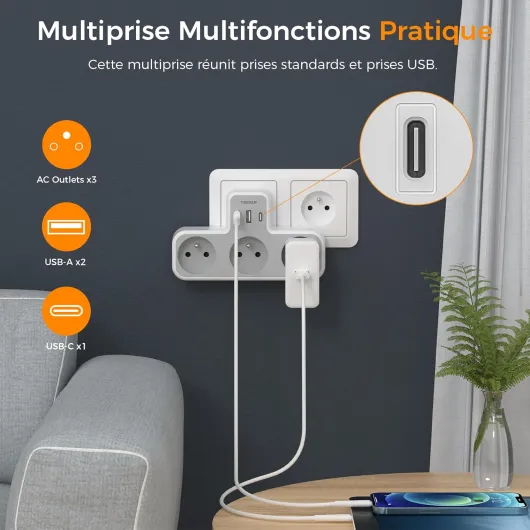 Multiprise Murale Française 3 Sortie AC et 3 Ports USB, 6 en 1 Prise Chargeur Française, Adaptateur Secteur 4000W, Convient pour la Maison, Bureau, Compatible avec Phone, Portable USB C X1 et USB A X2 Gray
