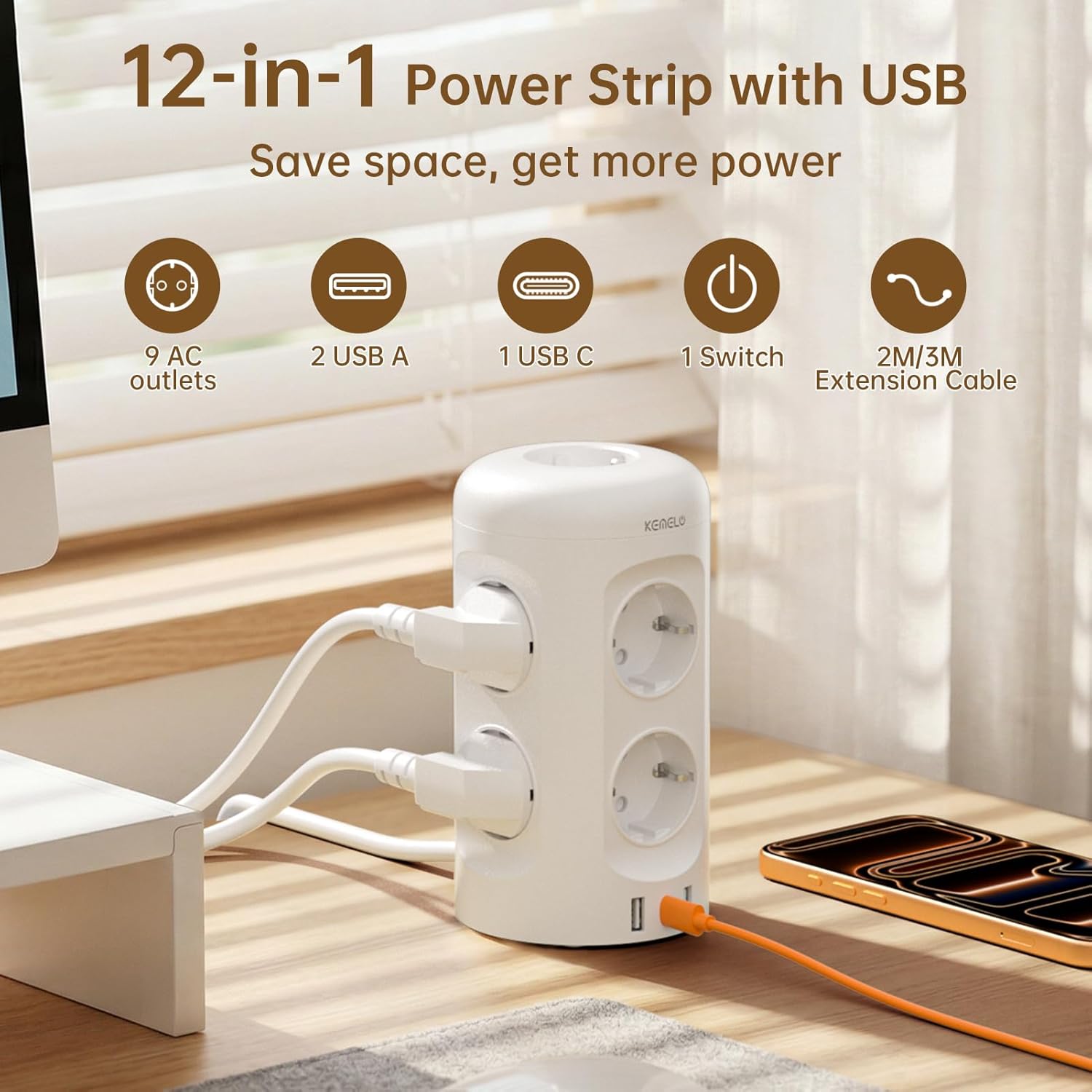 Multiprise avec Interrupteur, 12 en 1 Multiprises (9 Prises avec 3 USB), 3680W/16A Adaptateur Secteur Parafoudre et Surtension, avec Rallonge Electrique 2M, Tour Prise Multiple pour Maison, Le Bureau blanc 2M
