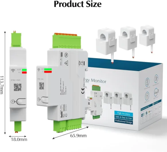 EMylo Compteur d'Énergie Intelligent Triphasé WiFi 120A, Moniteur Bidirectionnel Solaire Photovoltaïque, 3 Capteurs à Pince Inclus, Tuya/Smart Life, Rail DIN, Alarme Surcharge