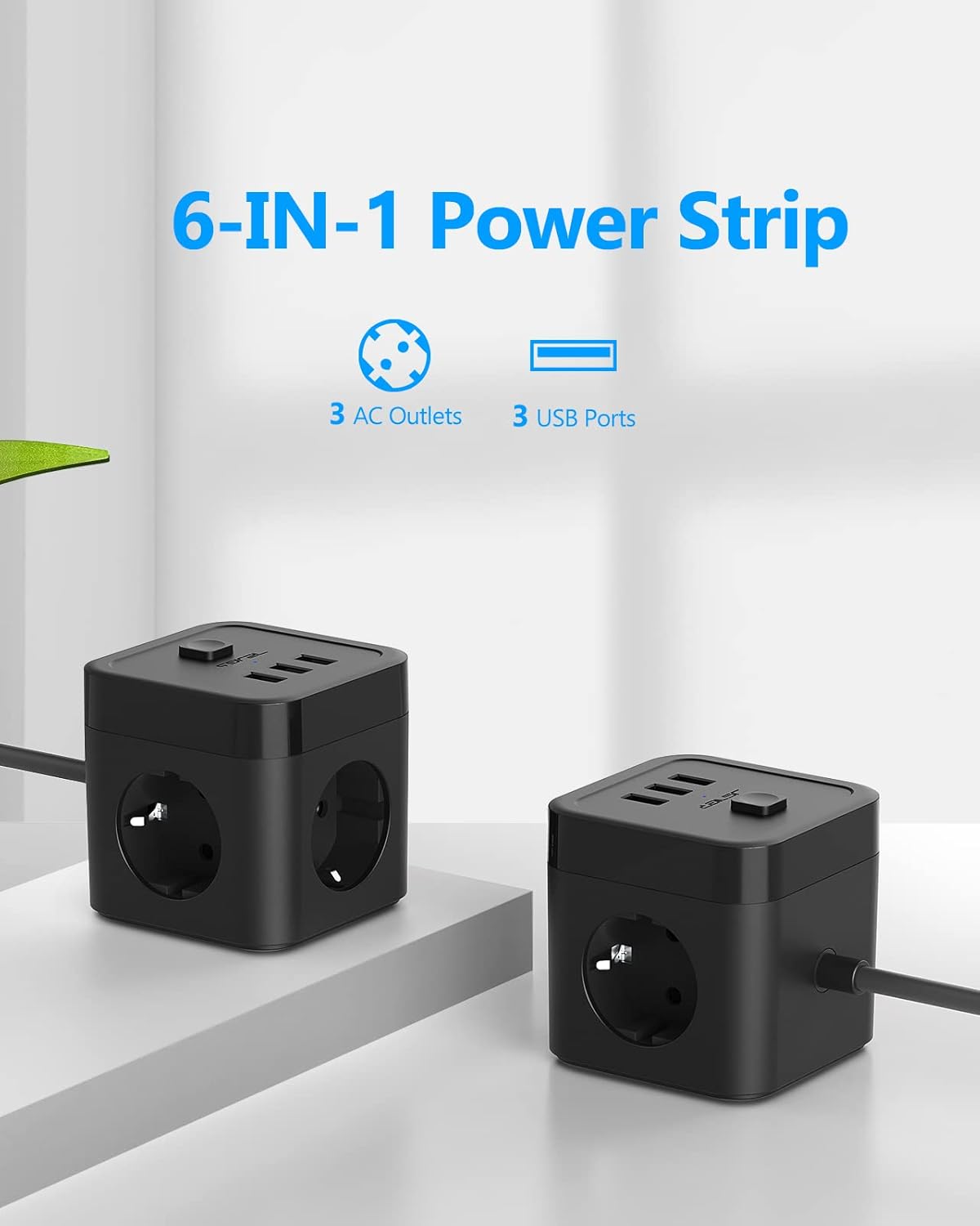 Cube Multiprise 5M Parasurtenseurs USB 3 Prises avec 3 Ports USB Chargeur de Voyage avec Interrupteur 3680W 16A,Cable 5m pour Smartphone Tablette- Noir Noir-5M