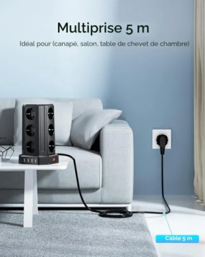 Multiprise Electrique 5M, 12 Prises et 5 Ports USB, Multiprise Parefoudre avec 2 Interrupteurs Protection Contre, 5M Cordon,Convient pour Le Salon, la Chambre, et Le Bureau - 5M Noir