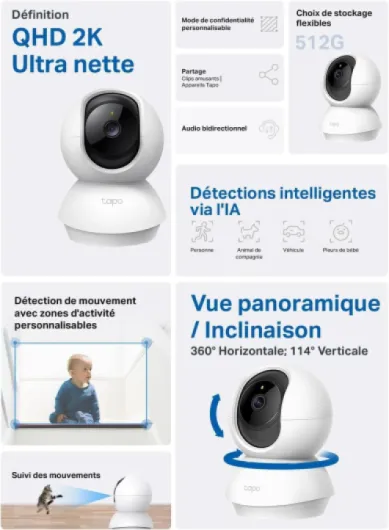 C210 2 Pack Caméra WiFi Intérieure 2K QHD 3MP, Rotation 360°, Détection de Personne&Pleurs de Bébé, Vision Nocturne, Audio Bidirectionnel, Stockage Cloud&microSD 512 Go,Alexa et Google Assistant