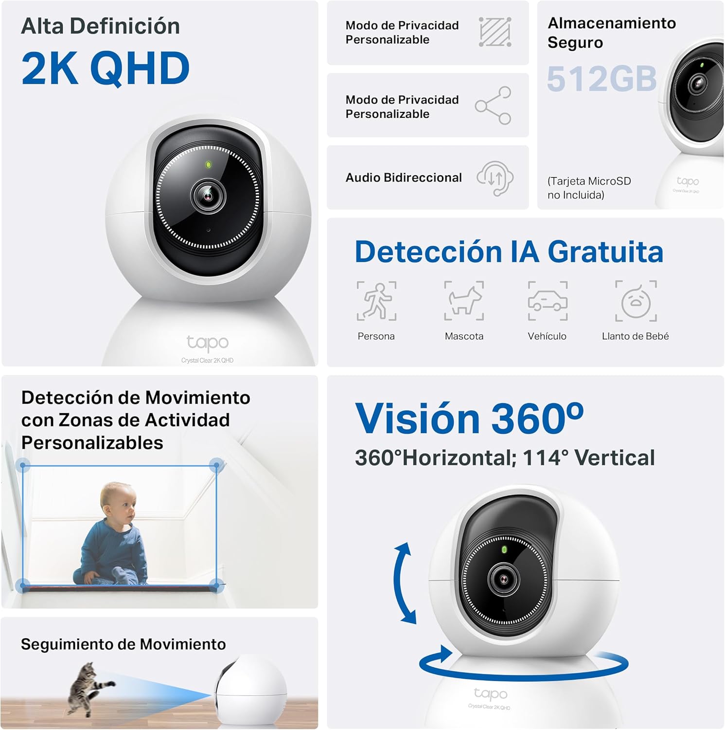 2.5K(4MP) Caméra de Surveillance WiFi intérieure 360°, Détection Humaine AI Suivi Intelligent, Sirène et détection de Mouvement, Audio bidirectionnel, Compatible Alexa pour Bébé/Animaux C220 2K QHD 4MP