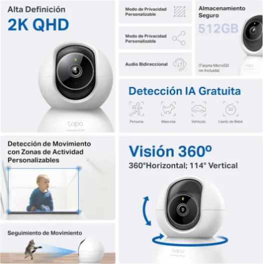 2.5K(4MP) Caméra de Surveillance WiFi intérieure 360°, Détection Humaine AI Suivi Intelligent, Sirène et détection de Mouvement, Audio bidirectionnel, Compatible Alexa pour Bébé/Animaux C220 2K QHD 4MP