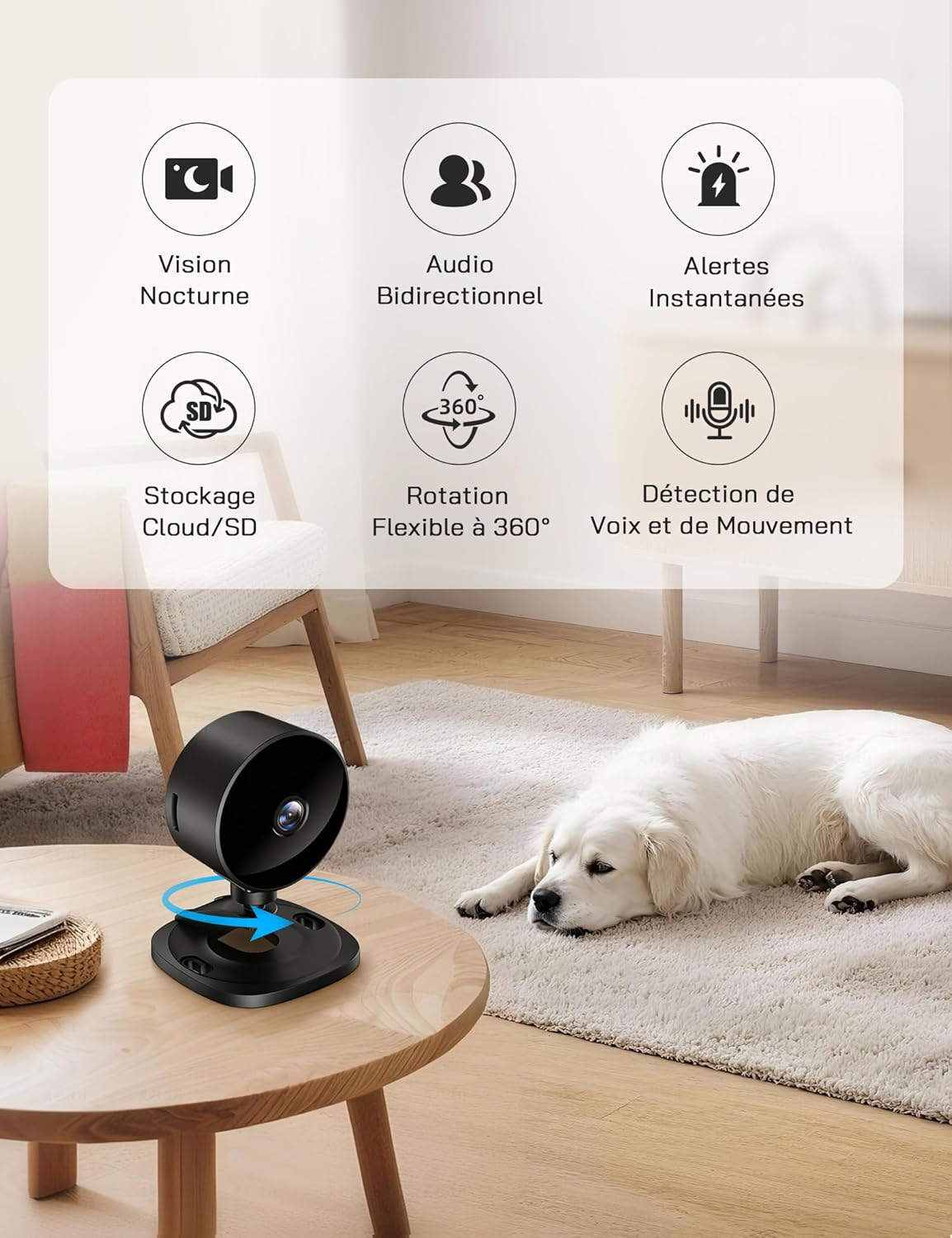 Caméra Intérieure sans Fil 1080P, Caméra WiFi avec Vision Nocturne, Détection de Mouvement, Audio Bidirectionnel, Compatible Alexa & Google Home, WiFi 2,4 GHz Uniquement