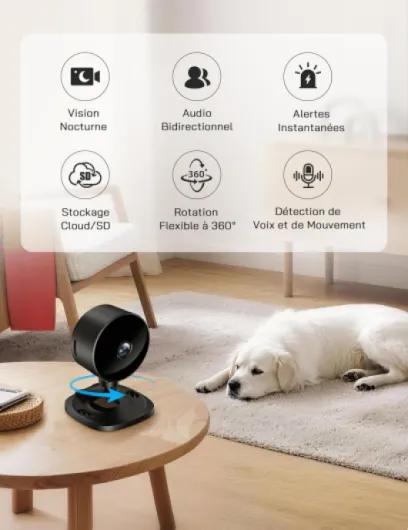 Caméra Intérieure sans Fil 1080P, Caméra WiFi avec Vision Nocturne, Détection de Mouvement, Audio Bidirectionnel, Compatible Alexa & Google Home, WiFi 2,4 GHz Uniquement