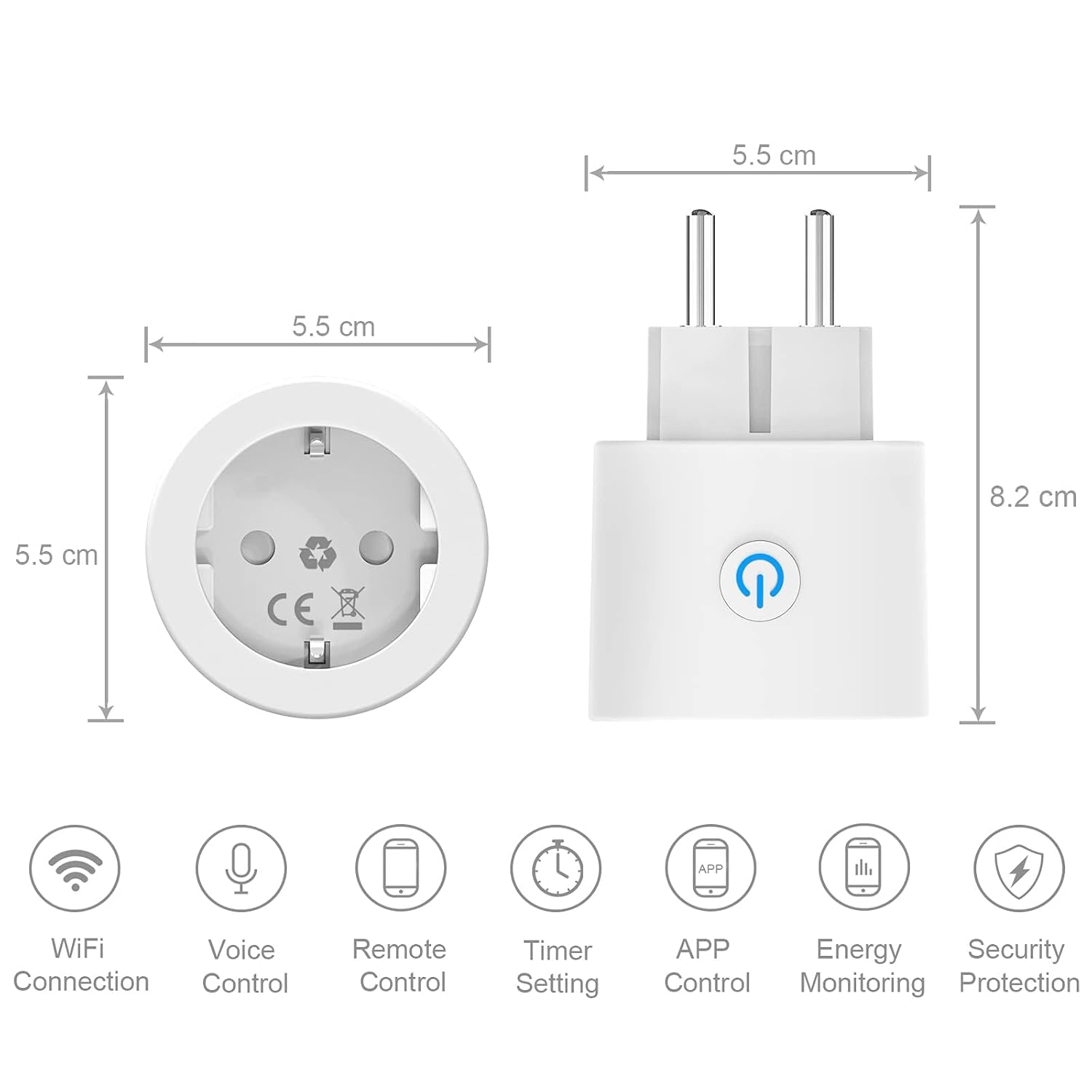 Prise Connectée WiFi, 16A Prise Intelligente Compatible avec Alexa, Google Home, Contrôle à Distance, Mesure de Consommation Électrique, Contrôle Vocal, Fonction de Temps, 2PCs