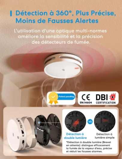 Matter Détecteur de Fumée Connecté, Alarme Incendie Intelligente Wi-FI avec Double capteur Optique, Détecteur Fumée avec Alerte APP, Maillage 0,8 mm, 33 mm, avec Hub MSH450, 3 Pièces Lot de 3