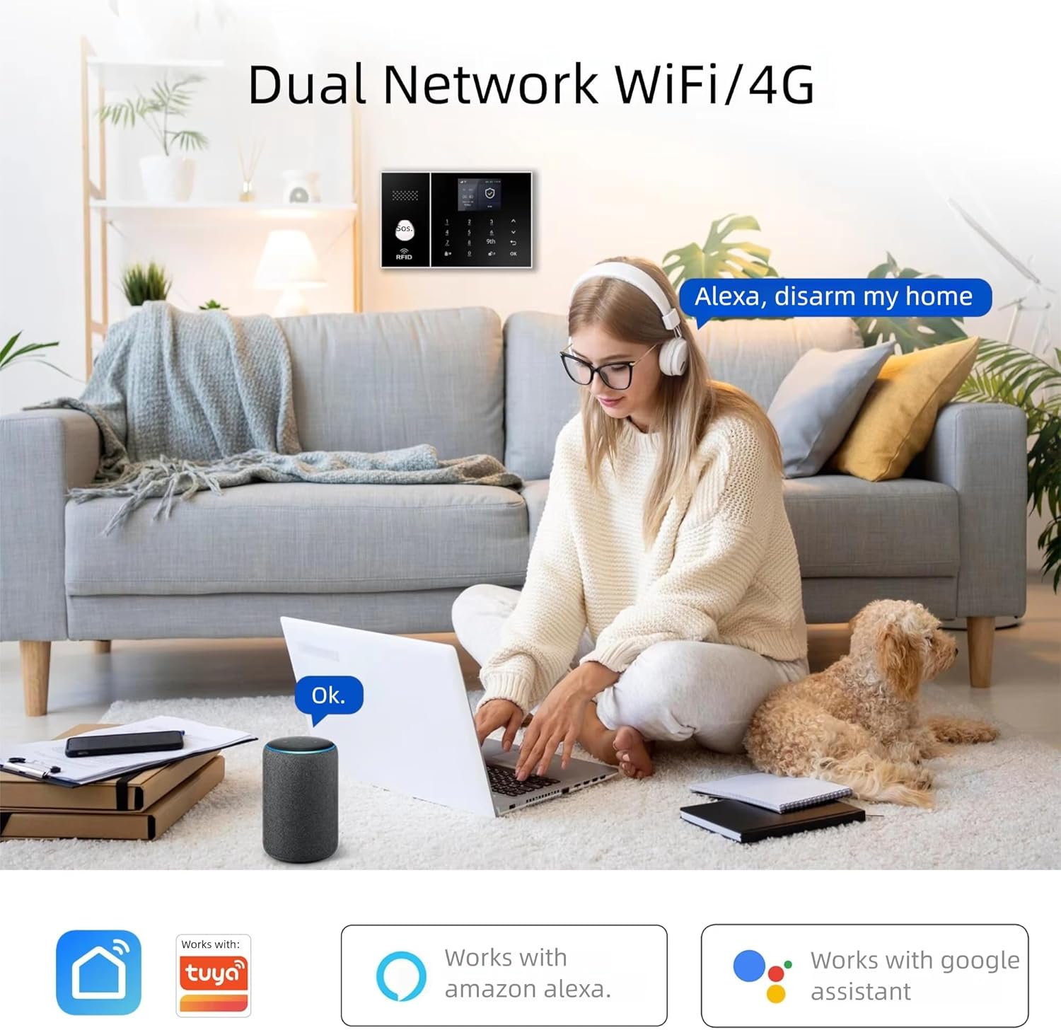Système d’Alarme sans Fil 4G/GSM/WiFi pour Maison/Appartement,Alarme Sécurité Intelligente avec Capteurs Porte/Fenêtre, Détecteur Mouvement PIR, Compatible Alexa/Google Home, Installation Facile Xk-a108f-13pcs Kits