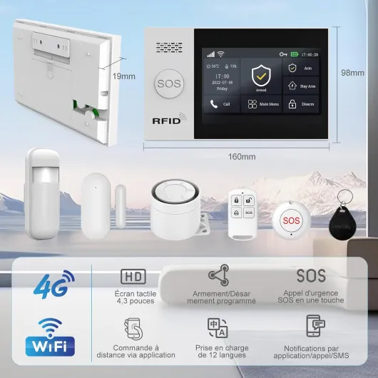 Alarme Maison sans Fil WiFi 4G sans Abonnement, Kit Alarme Maison Connectée 24 Pièces avec Écran Tactile 4,3", Sirène 120 DB, Détecteurs Mouvement et Porte/Fenêtre (Lot de 24 Articles)