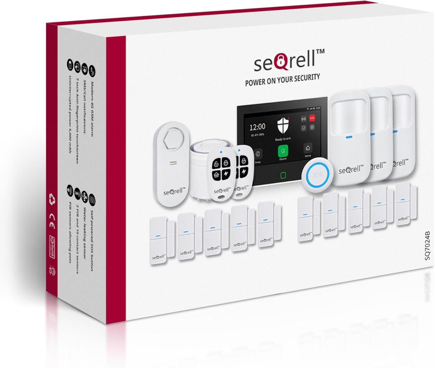 Système Alarme Maison sans Fil, Kit Alarme Anti Intrusion WiFi et GSM 4G avec Écran Tactile 7", Batterie 5000 mAh, Tuya Smart Life app, Alexa, détecteur de Fuite d'eau SQ7024B Alarme Sq7024b K